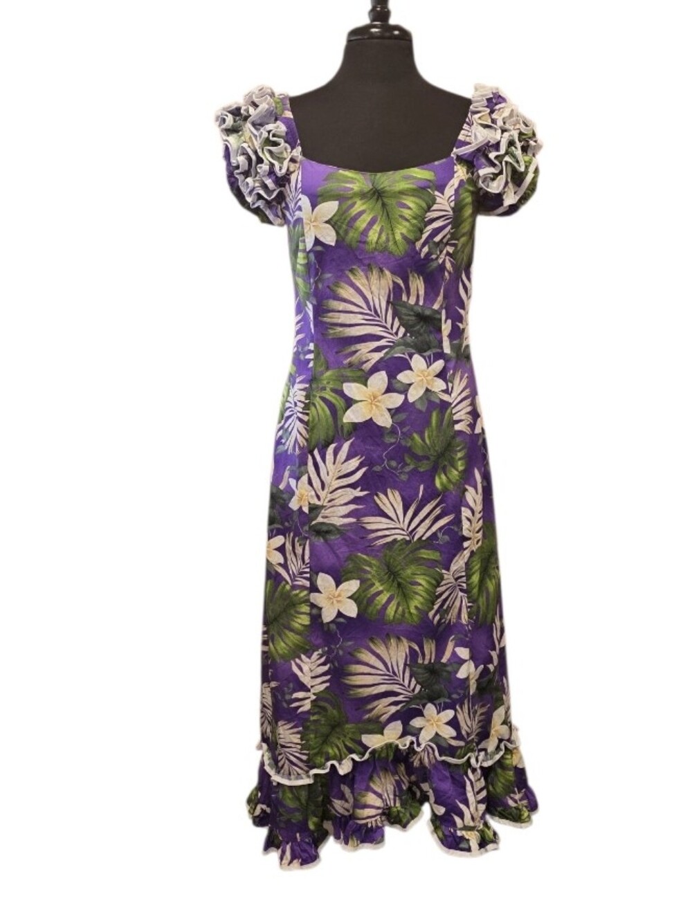 Hawaiian Pacific Legend Purple Tropical Floral Maxi Dress Ruffle Shoulders Small